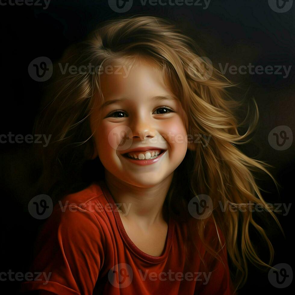 Happy 7-year-old girl on dark background. High quality. AI Generative photo
