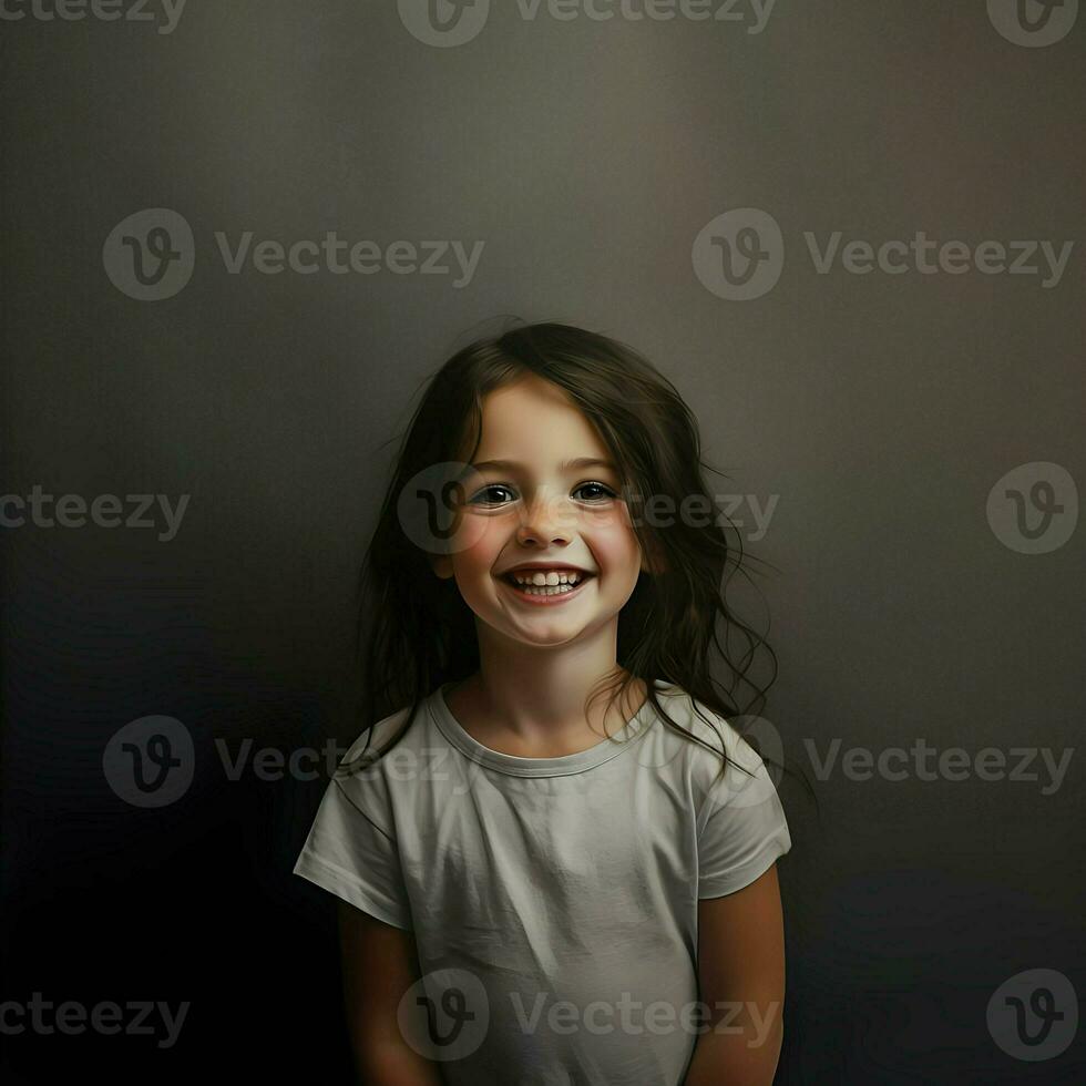 Happy 7-year-old girl on dark background. High quality. AI Generative photo