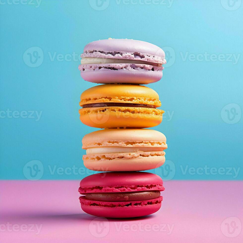 Macarons stacked on top of each other minimalism bright colors. High-resolution. AI Generative photo