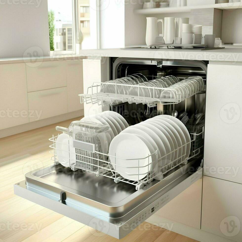Open dishwasher with clean dishes inside. AI Generative photo