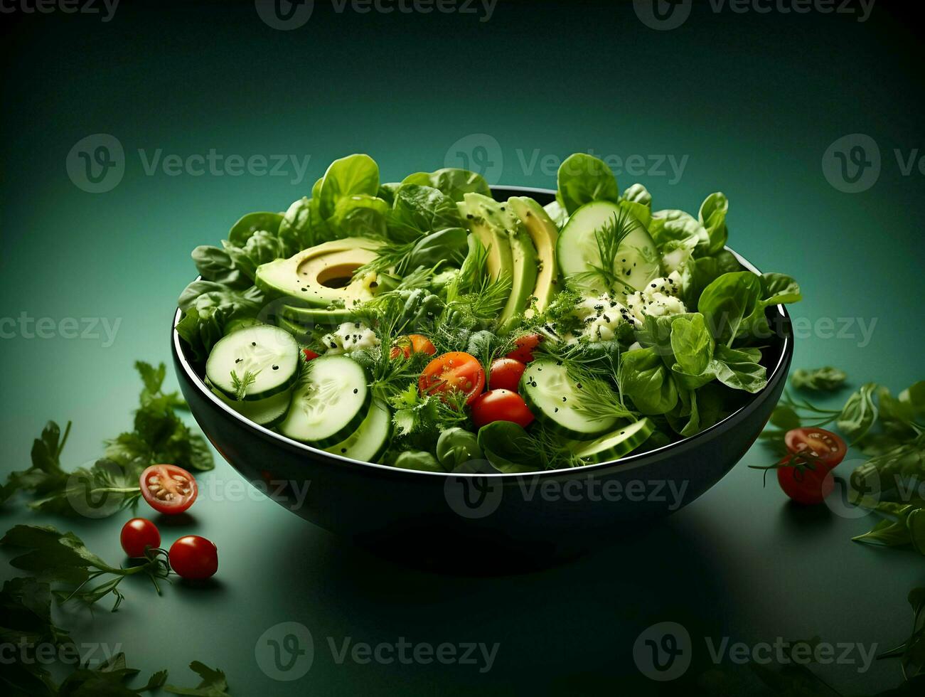 Cinematic photo of tasty green salad with avocado, tomatoes, and cucumbers minimalism. High-resolution. AI Generative