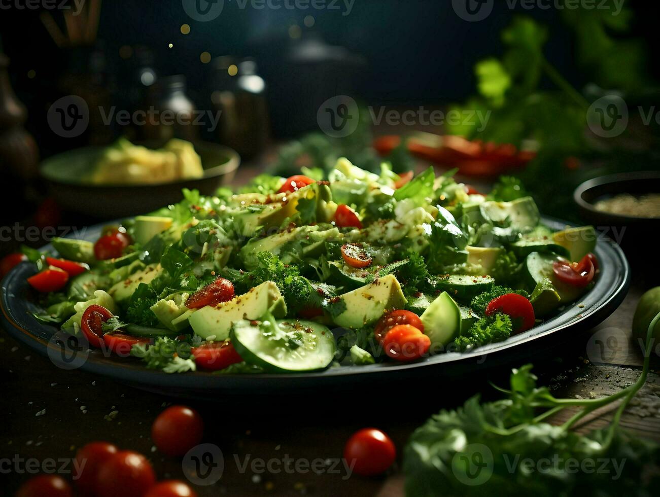 cinematográfico foto de sabroso verde ensalada con palta, Tomates, y pepinos minimalismo alta resolución. ai generativo