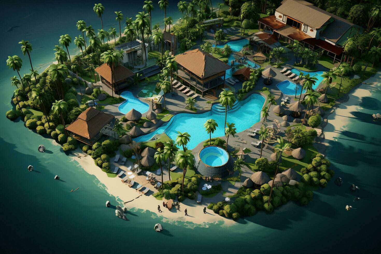 Beautiful luxury hotel with palm trees and pools on the coast. Concept of vacation, travel. Generative AI photo