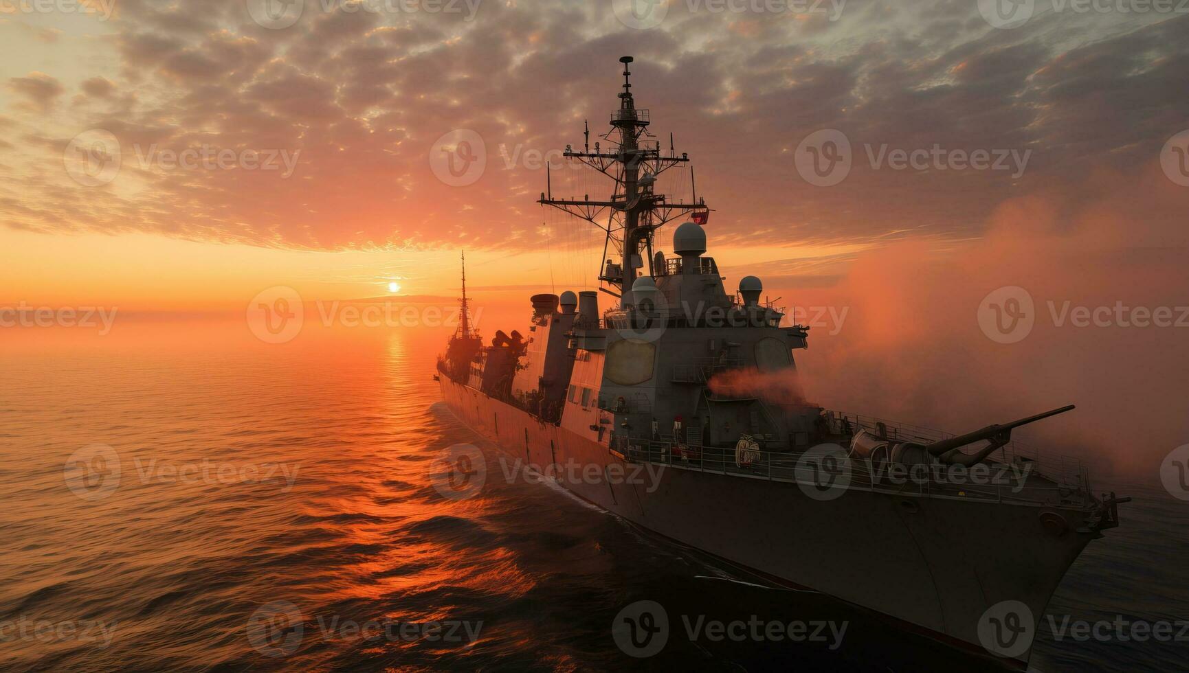 Battleship in the sea at sunset. AI Generated. photo