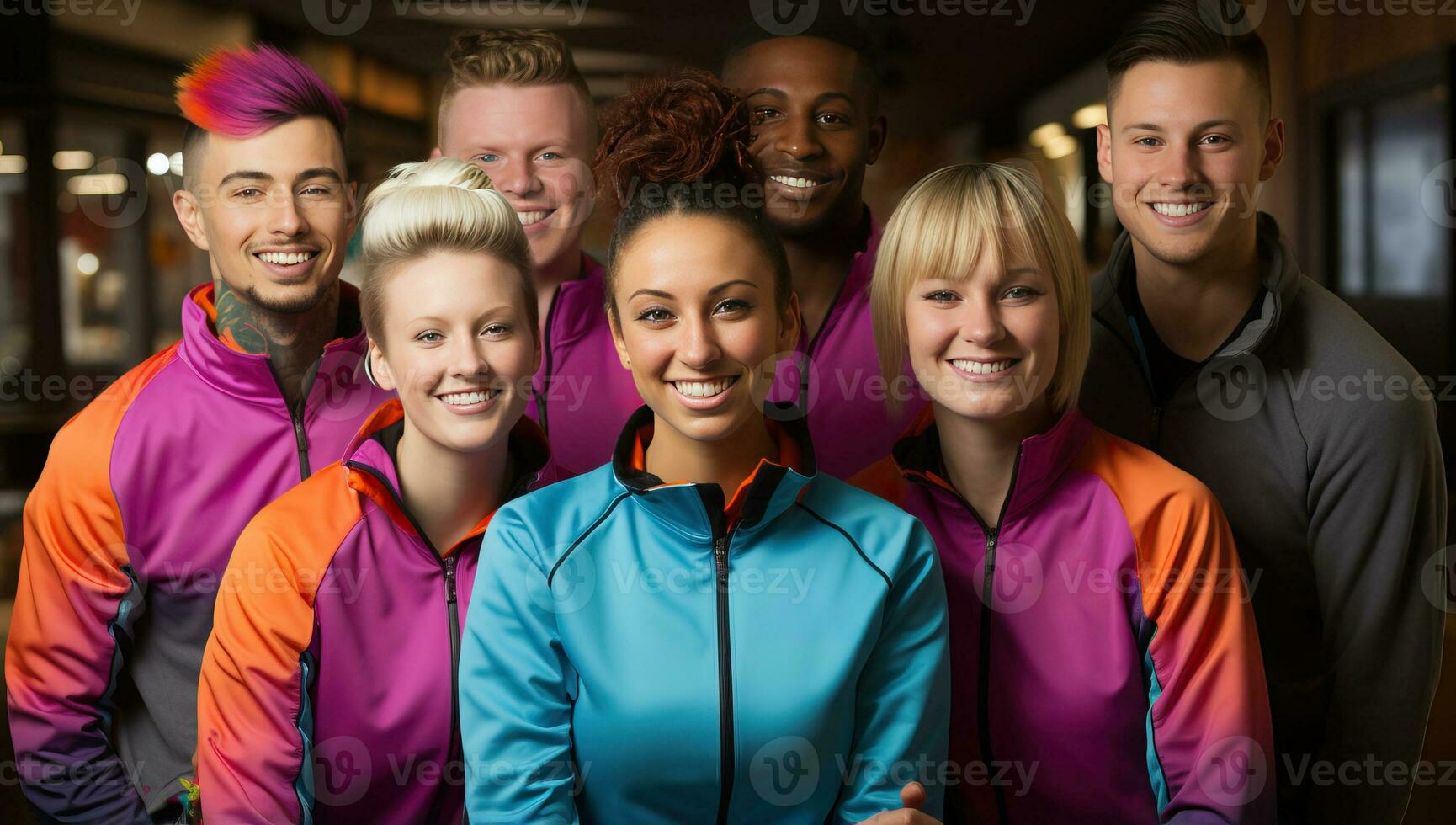 Group of happy young people in sportswear standing in a row. AI Generated. photo