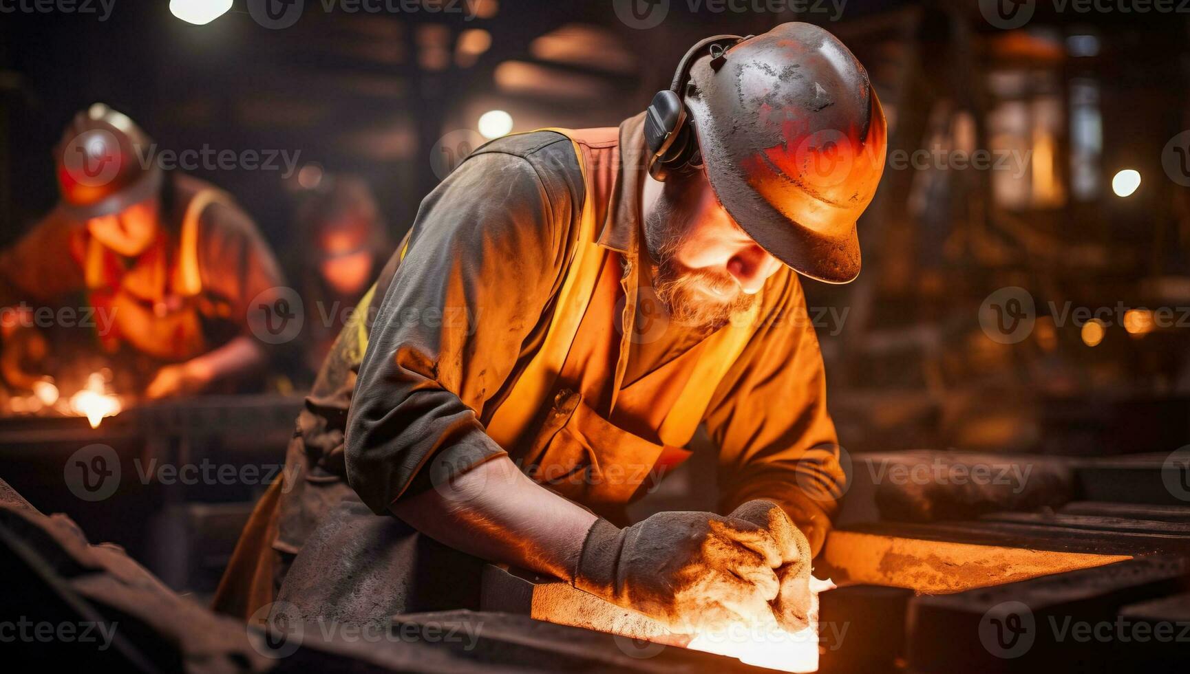 Steel Worker Handling Molten Metal in Foundry. AI Generated. photo