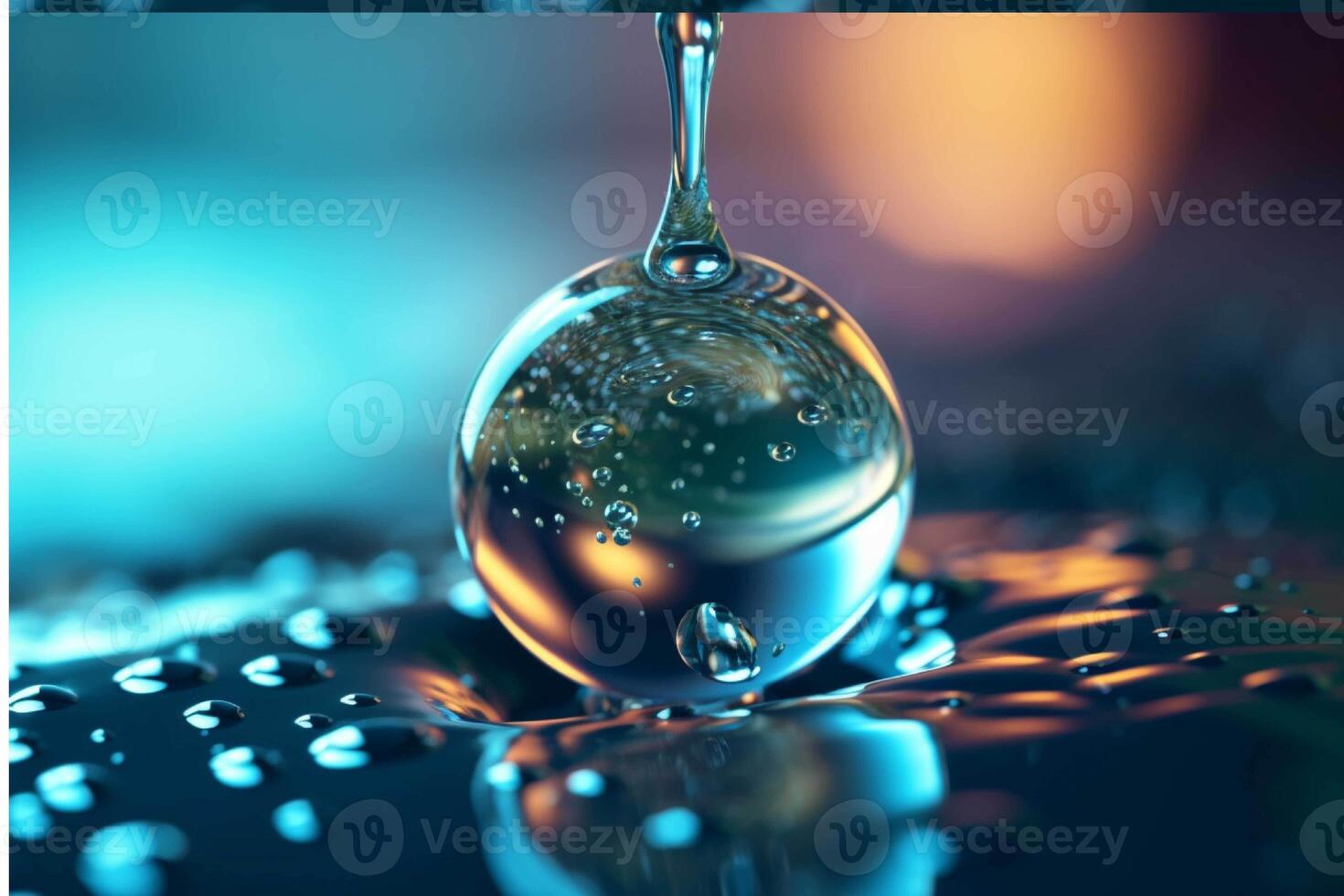 Blue water drops on a black surface generated with AI photo