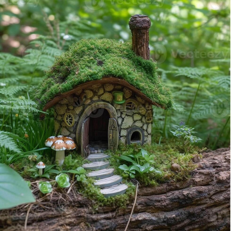 A fairy house with a tree stump and moss generative with AI photo