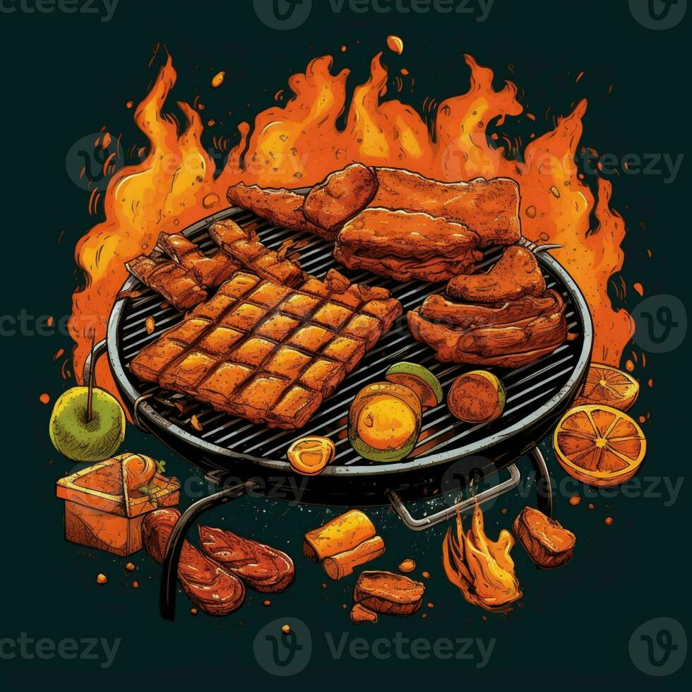 A drawing of a grill with sausage and other food generated with AI photo