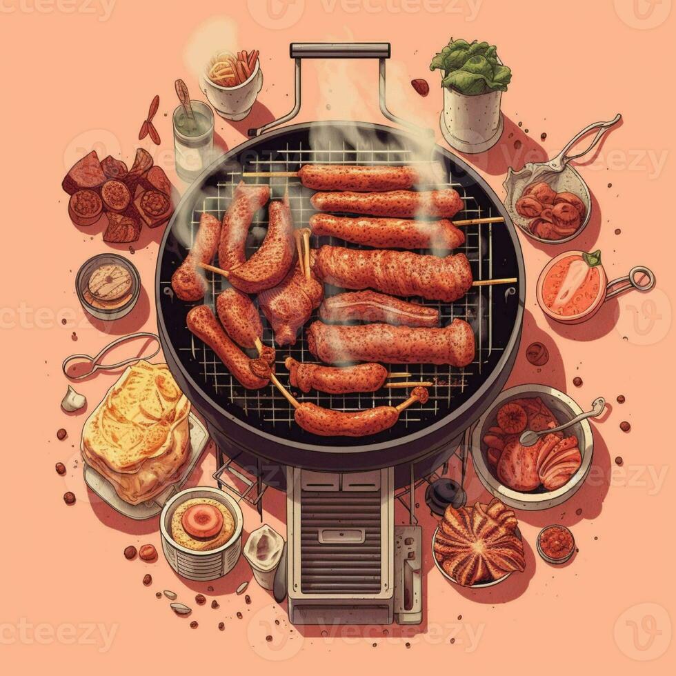 A drawing of a grill with sausage and other food generated with AI photo