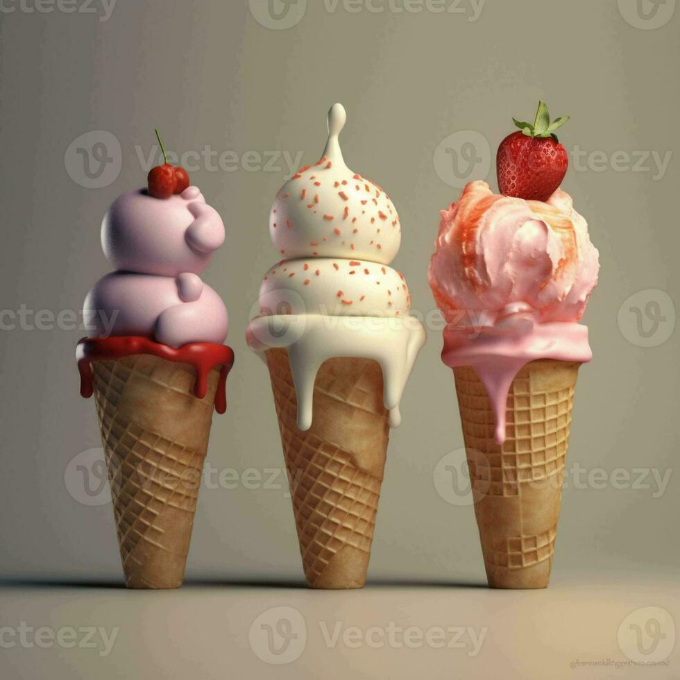 Variety of ice cream scoops in waffle cones on colorful background generated with AI photo