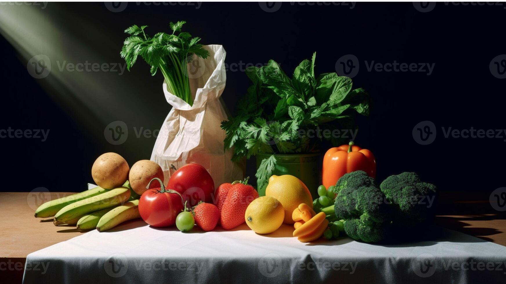 un papel bolso lleno con Fresco frutas y vegetales generado con ai foto