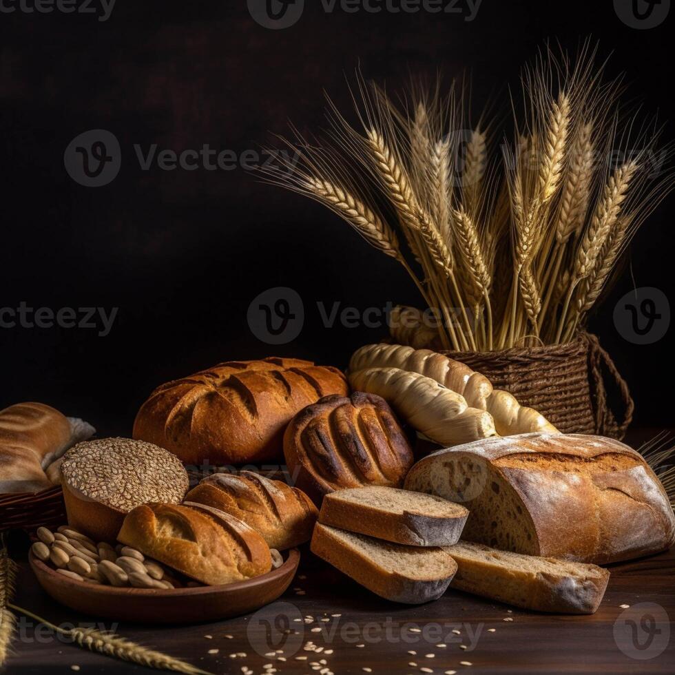 A loaf of bread on a table in front of a dark background generated with AI photo