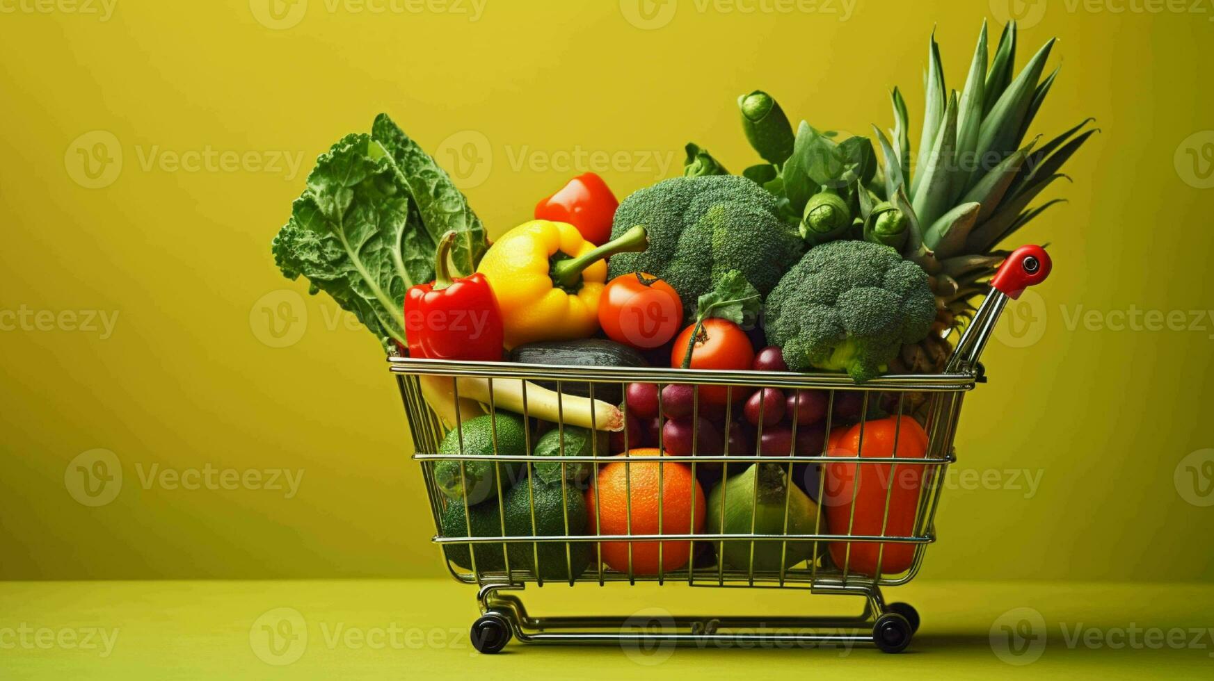 un compras carro lleno de Fresco frutas y vegetales generado con ai foto