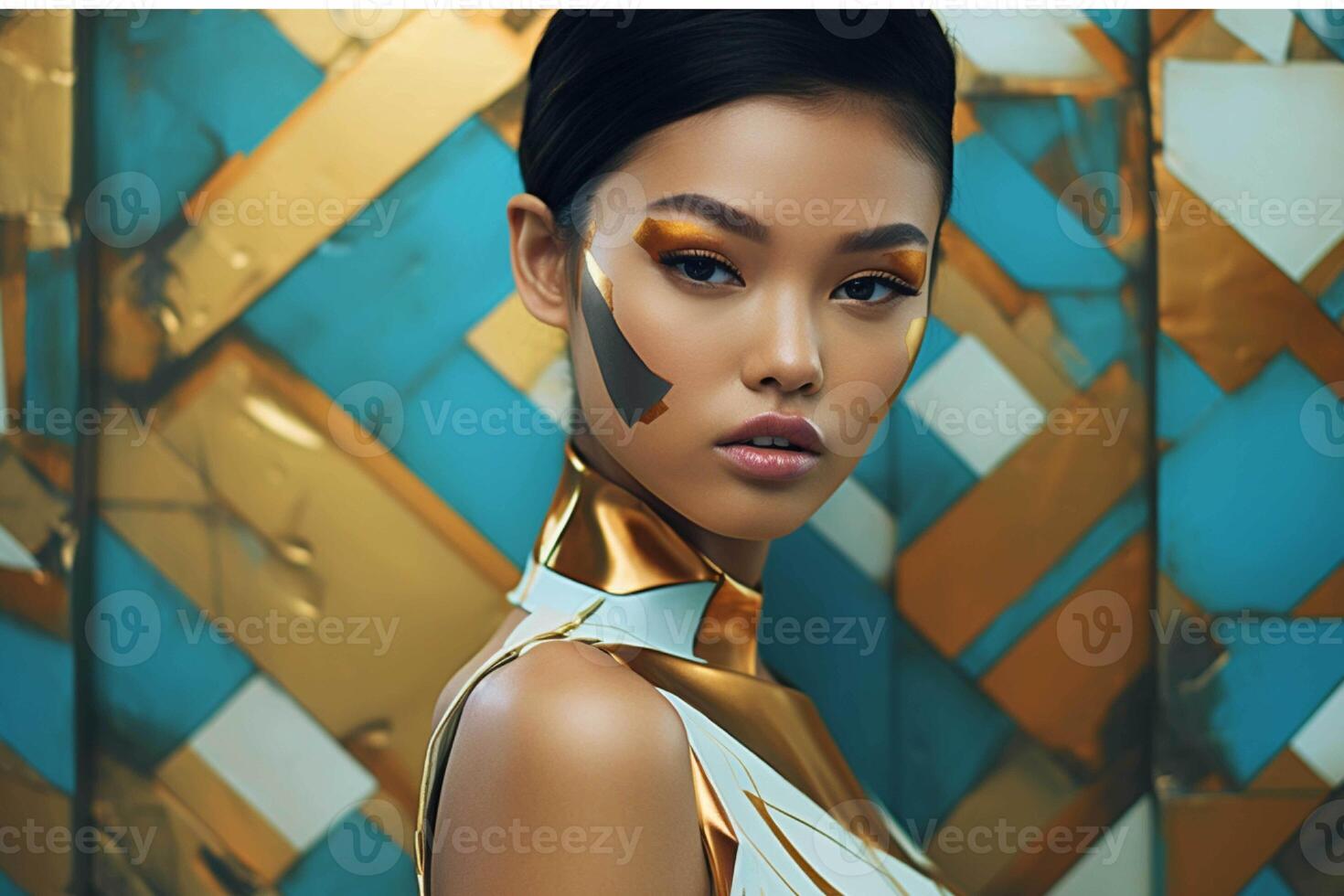 Portrait of a beautiful young woman with golden makeup generated with AI photo