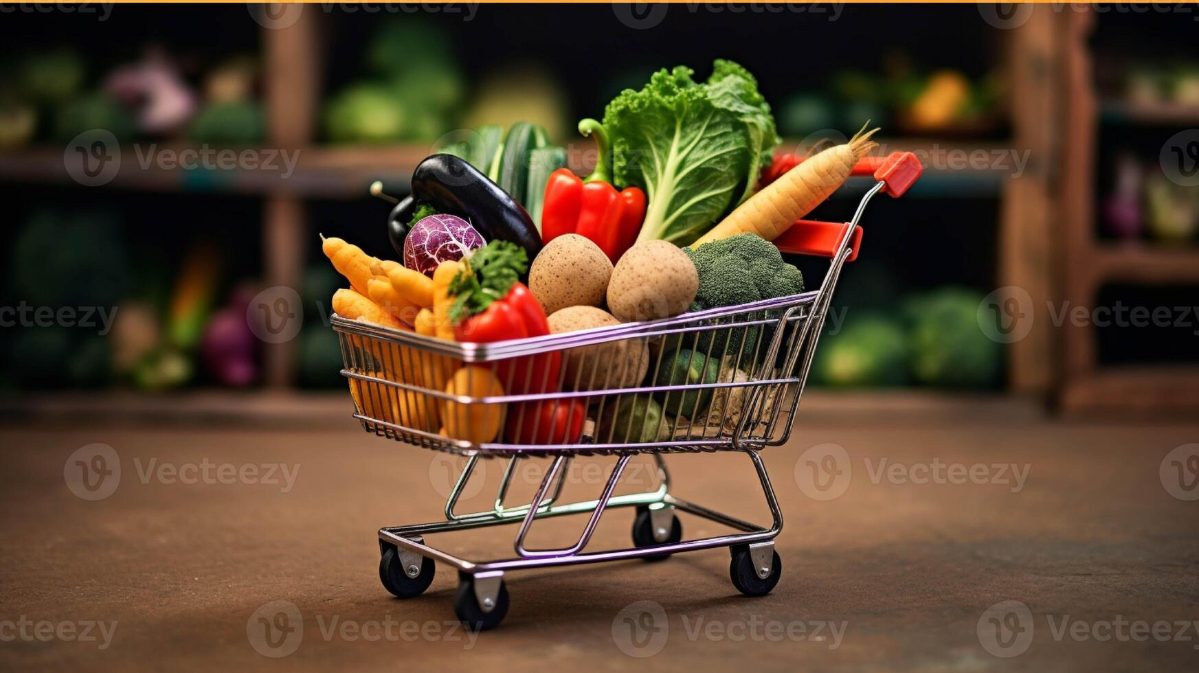 A shopping cart full of fresh fruits and vegetables generated with AI photo