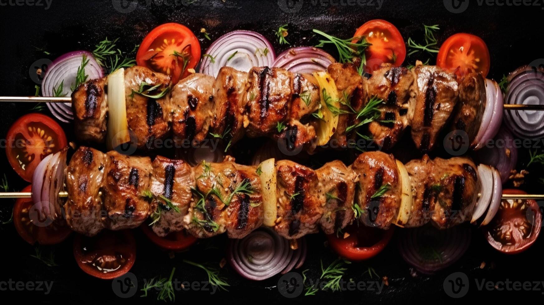 A la parrilla carne brochetas con vegetales en negro plato generado con ai foto