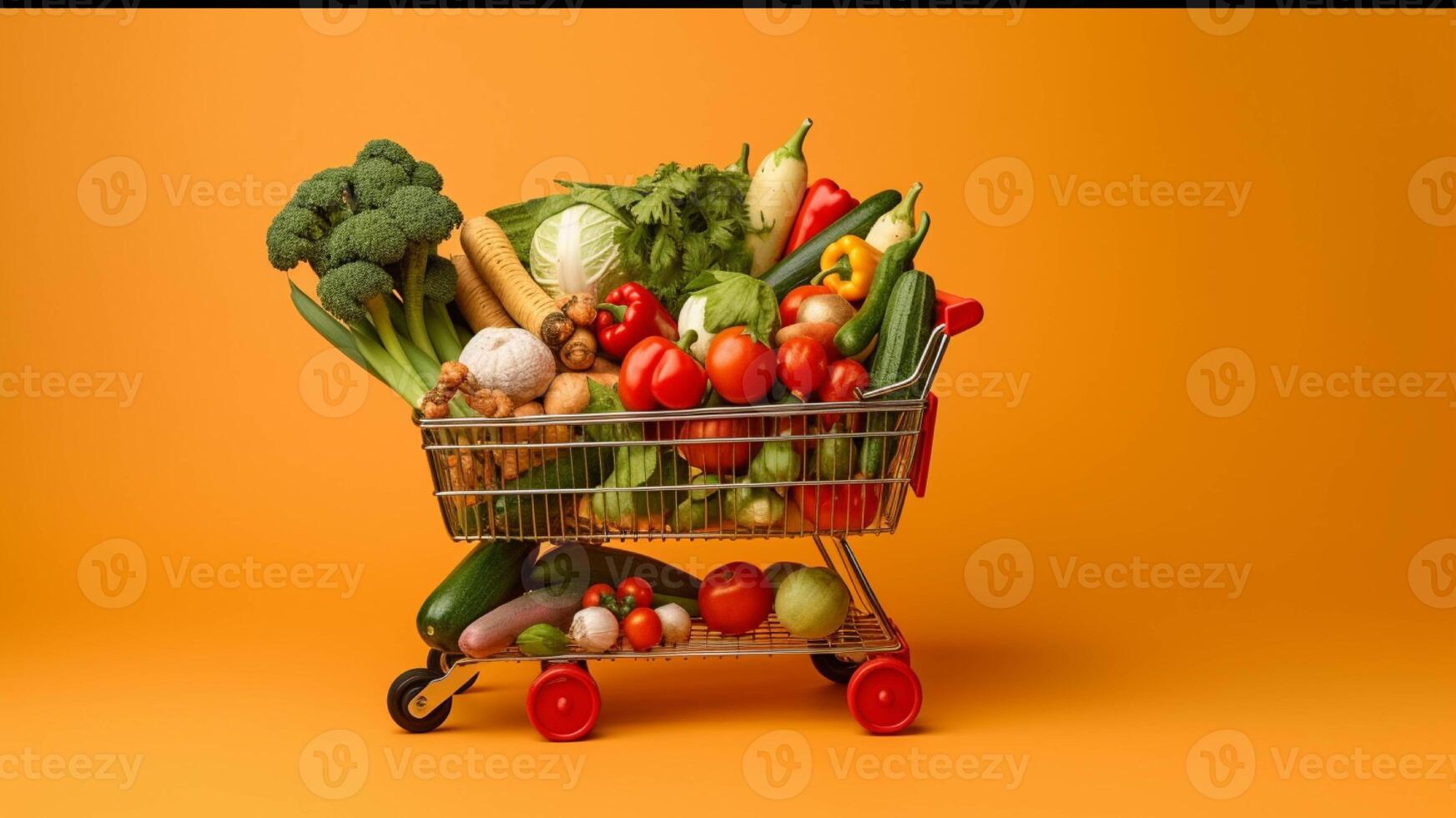 A shopping cart full of fresh fruits and vegetables generated with AI photo