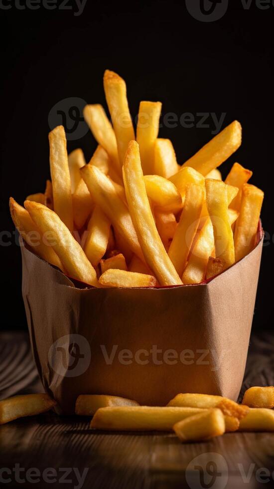 French fries in a paper box on a red background generated with AI photo