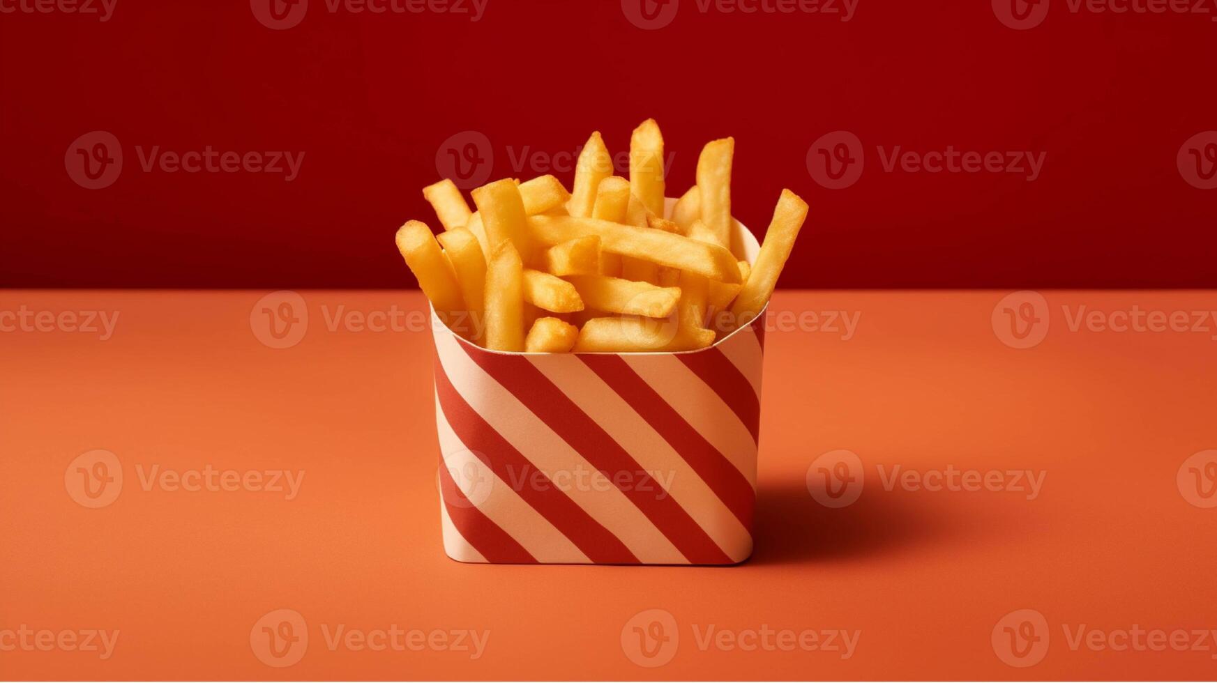 French fries in a paper box on a red background generated with AI photo
