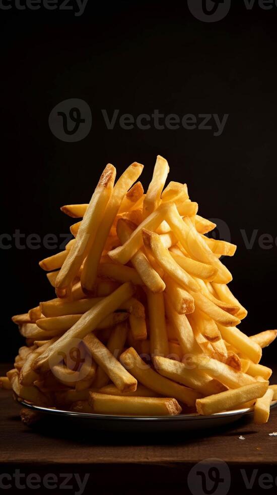 French fries in a paper box on a red background generated with AI photo