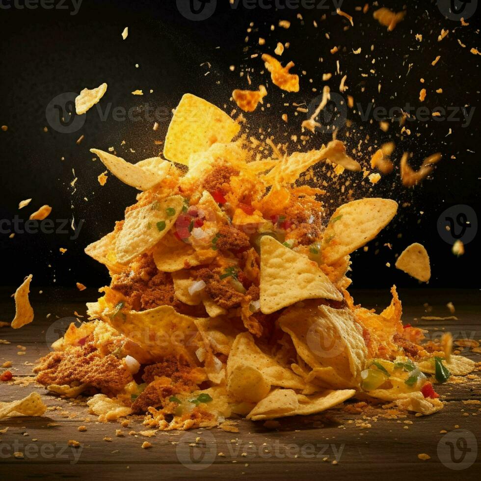 un pila de nachos con papas fritas que cae dentro el aire generado con ai foto