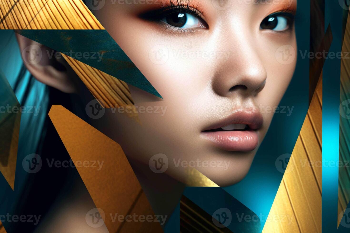 Portrait of a beautiful young woman with golden makeup generated with AI photo