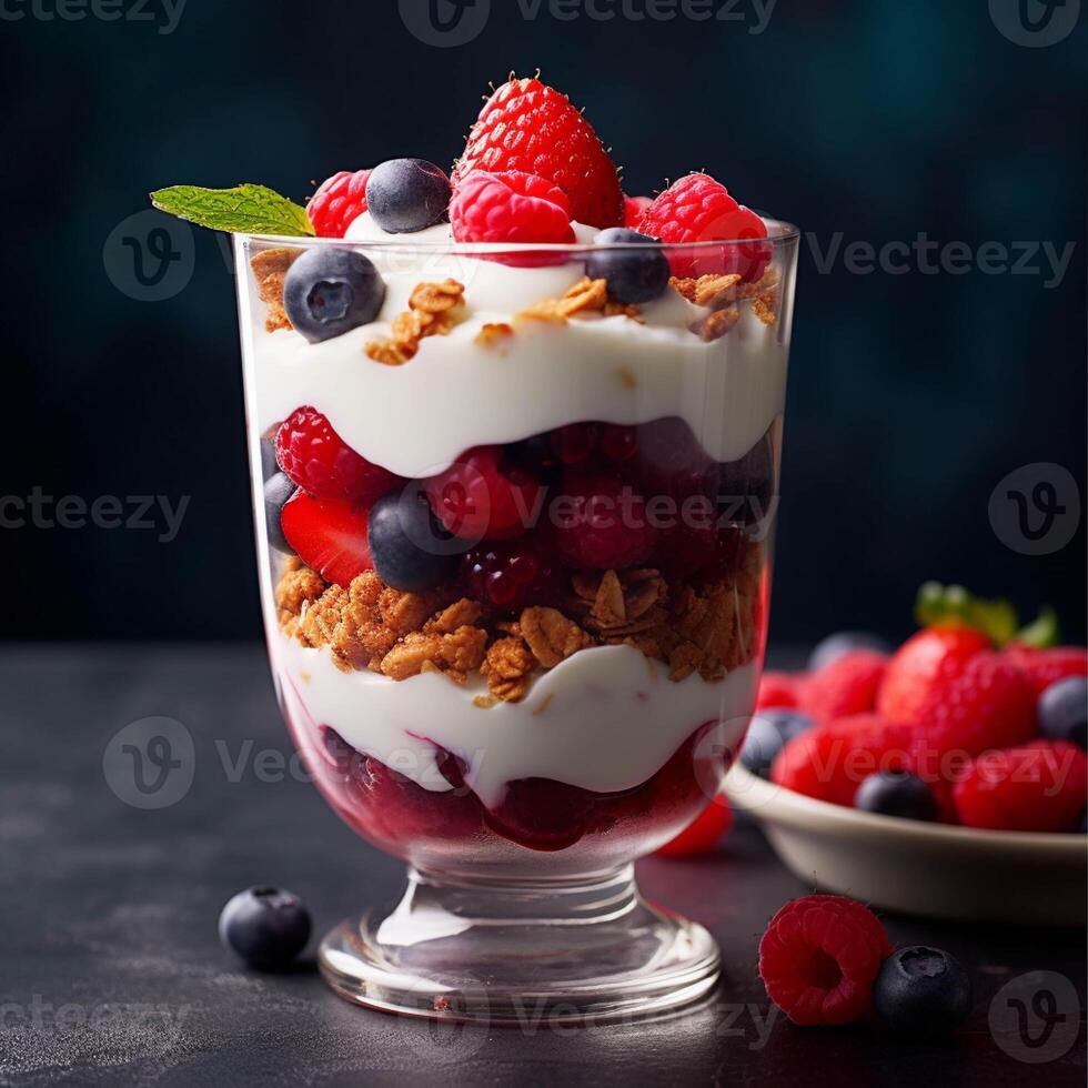 healthy smoothie bowl with berries, almonds and granola generated with AI photo