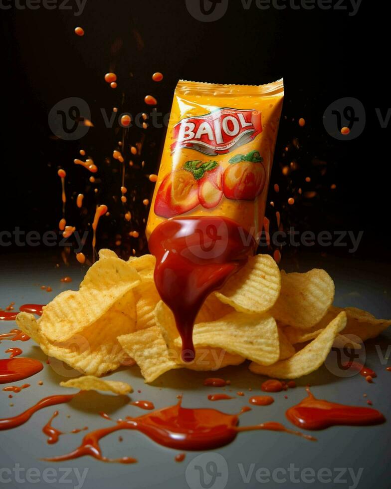 A pile of nachos with chips falling into the air generated with AI photo