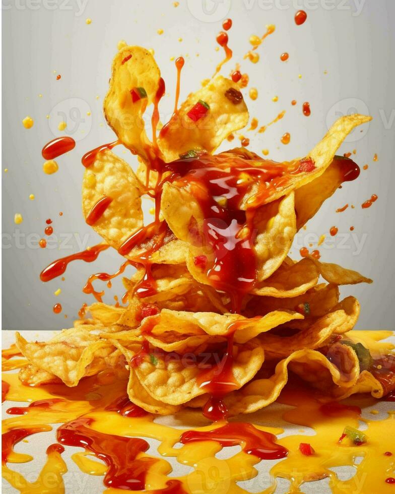 un pila de nachos con papas fritas que cae dentro el aire generado con ai foto