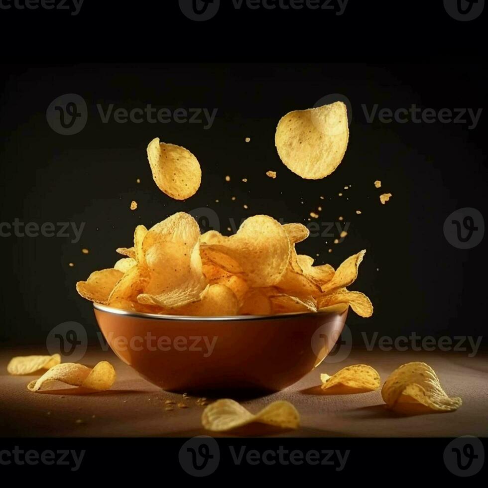 A pile of nachos with chips falling into the air generated with AI photo