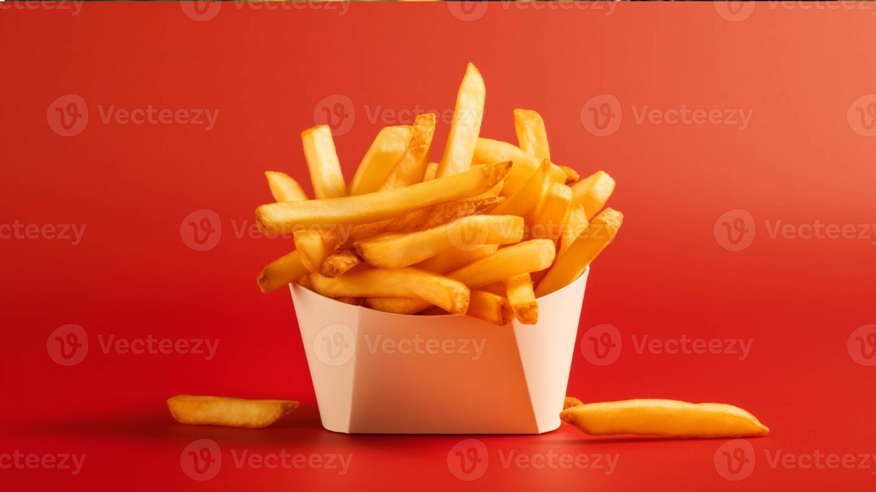 francés papas fritas en un papel caja en un rojo antecedentes generado con ai foto