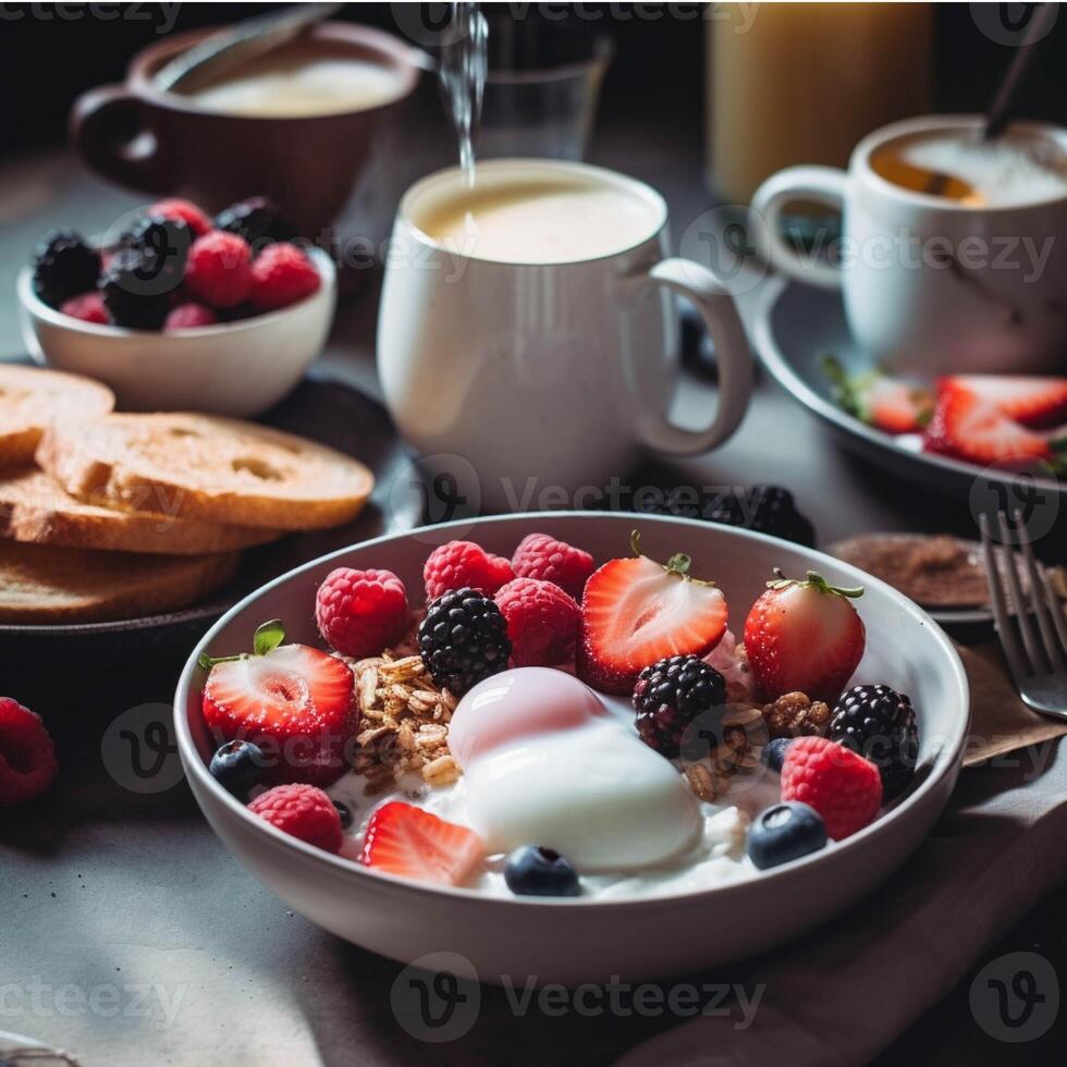 sano zalamero cuenco con bayas, Almendras y Granola generado con ai foto