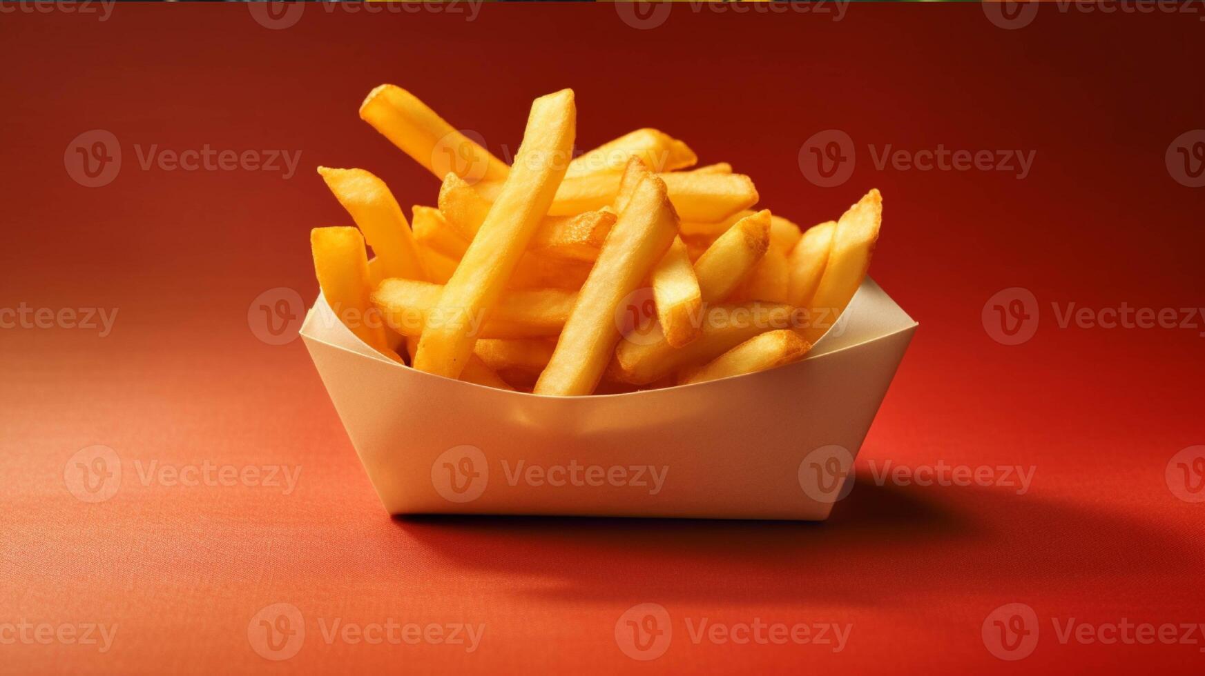 francés papas fritas en un papel caja en un rojo antecedentes generado con ai foto