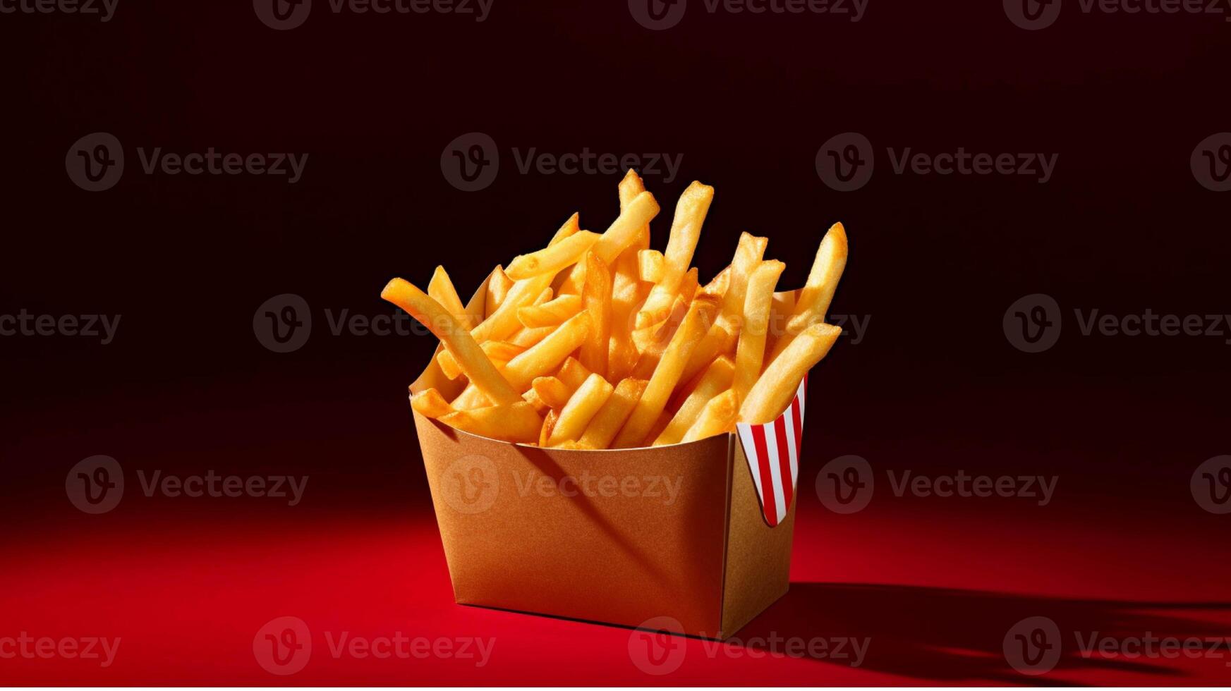 French fries in a paper box on a red background generated with AI photo