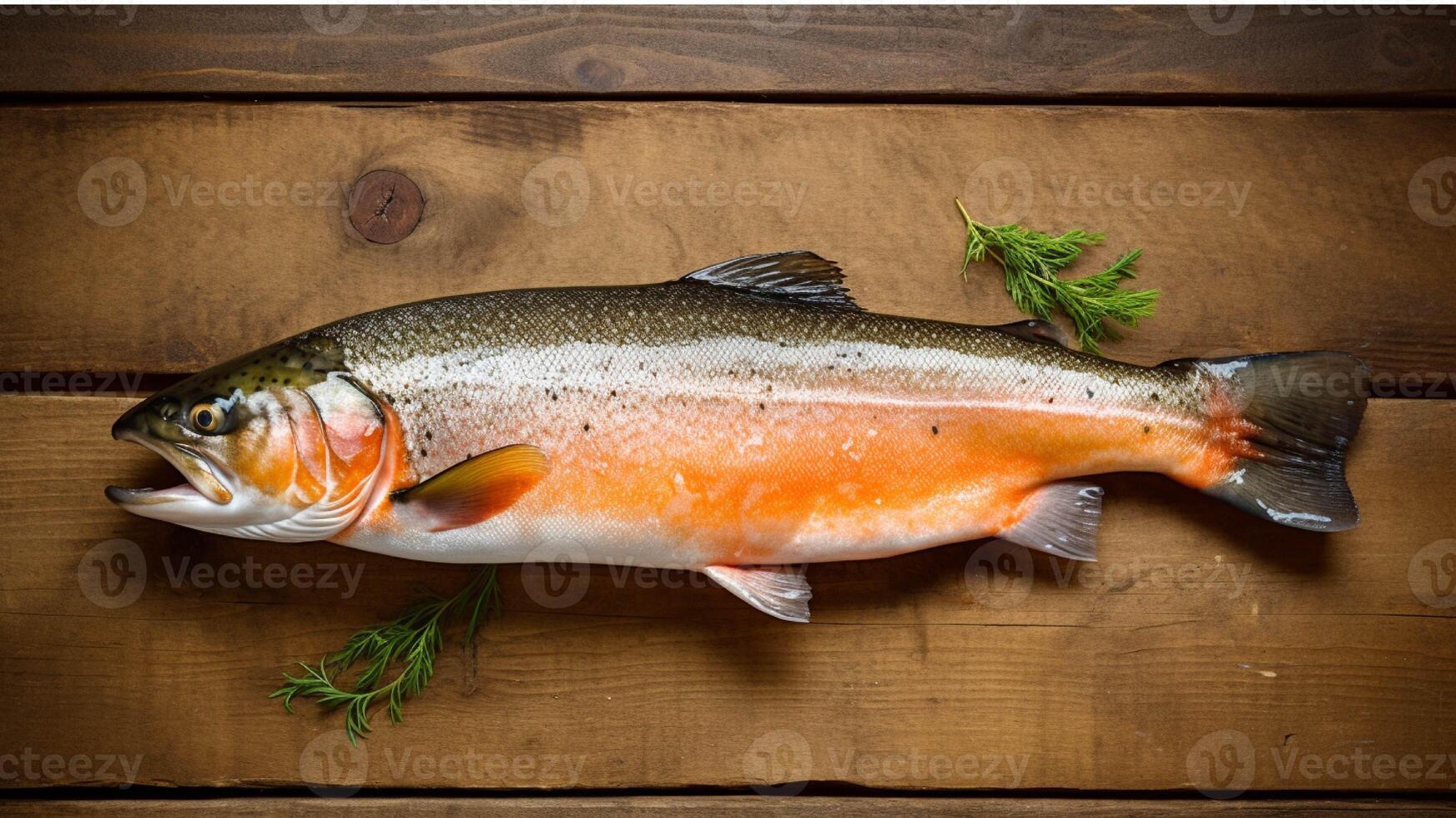 Fresh salmon fish on a wooden cutting board generated with AI photo