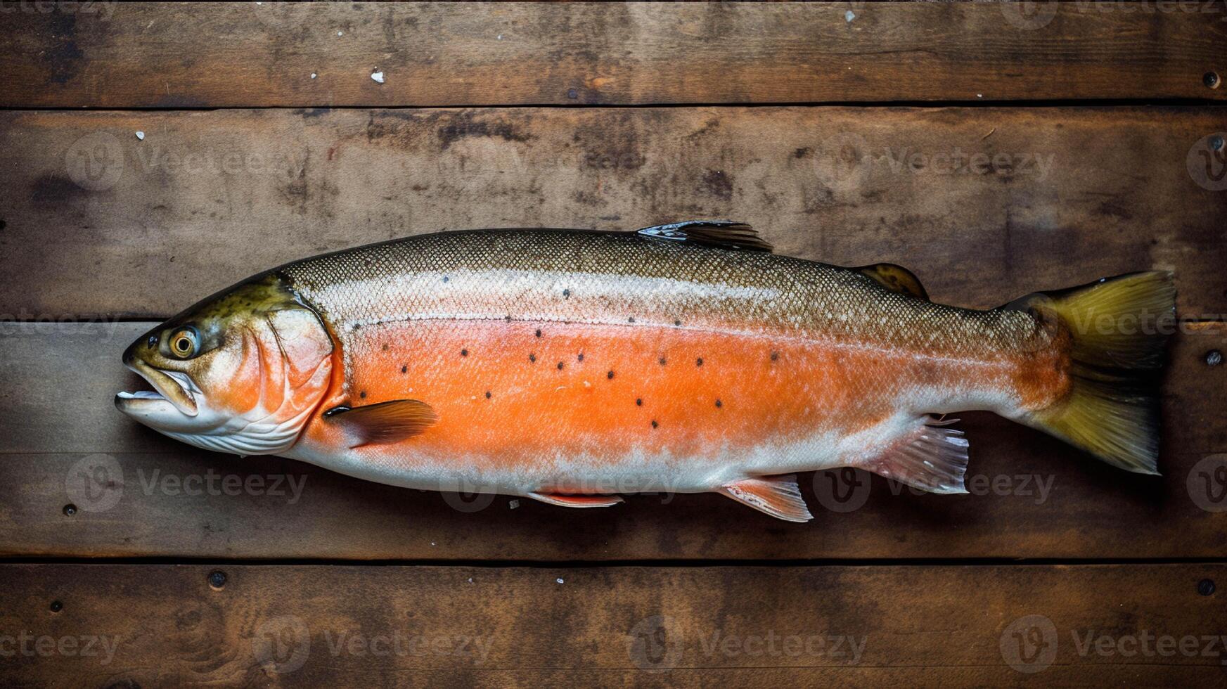 Fresh salmon fish on a wooden cutting board generated with AI photo