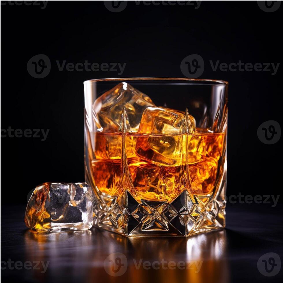 Whiskey on the rocks with ice cubes generated with AI photo