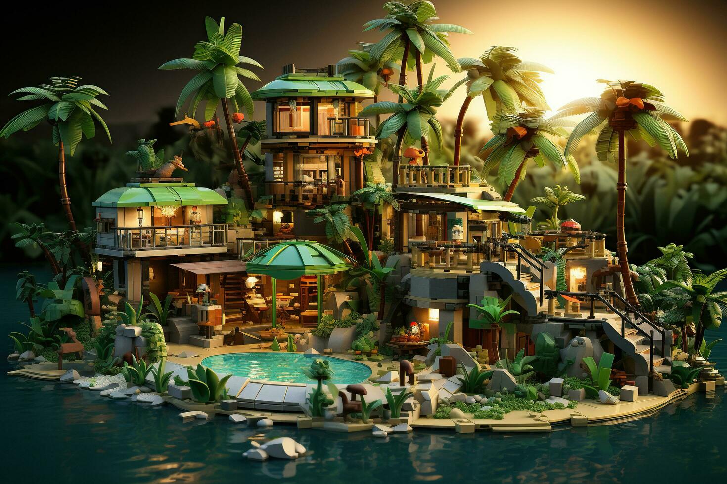 AI generated Luxury modern hotel with palm trees and pools on the coast. Concept of vacation, travel. Generative AI photo
