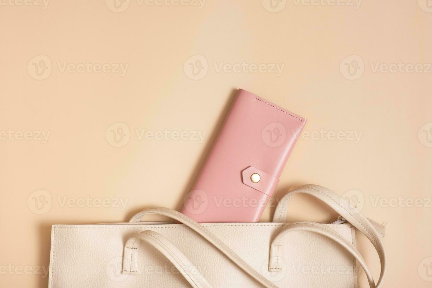 Wallet and shopping bag top view, flat lay. Sales, economy concept photo