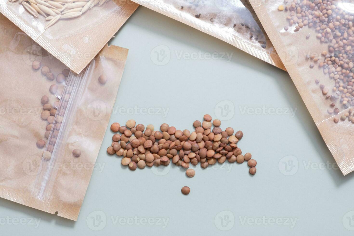 Seeds in bags, close-up of pea seeds for growing microgreens photo
