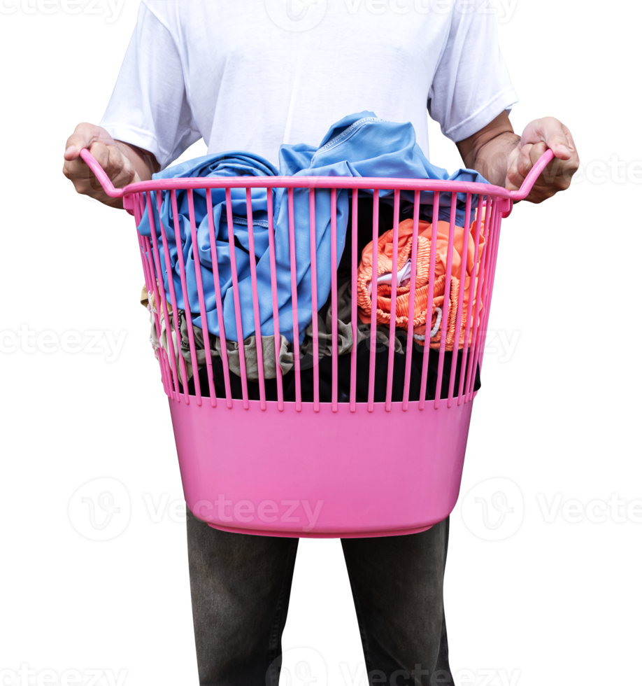 Man hold pink laundry basket with colorful clothes png