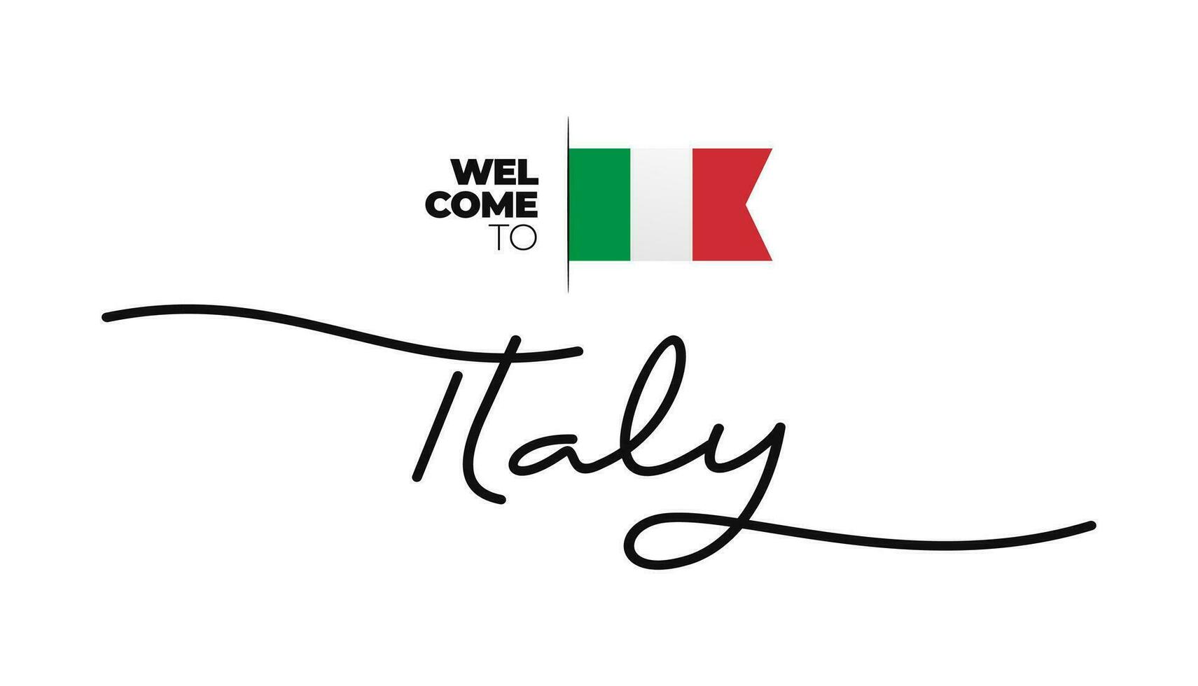 Welcome to Italy modern calligraphic text. Italy handwritten with flag isolated on white background. Hand drawn lettering style, line drawing, signature, calligraphy, monoline. vector Illustration