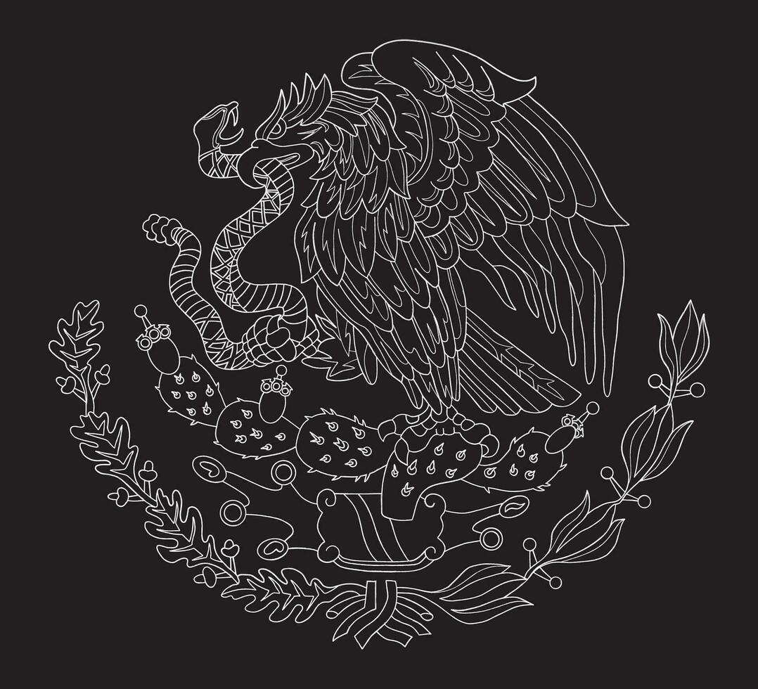 mexicano Saco de brazos con águila. bandera emblema. blanco tiza línea en negro antecedentes. vector contorno ilustración.