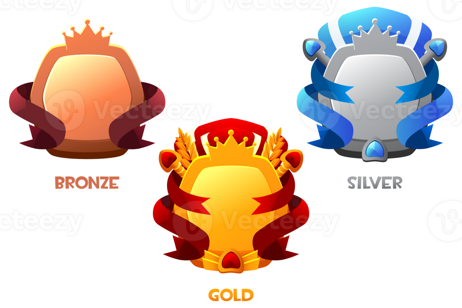 Game level bronze, silver, and gold badges. Empty award badges with royal banners and UI icons. Isolated bonus graphic elements, reward, and prize. png