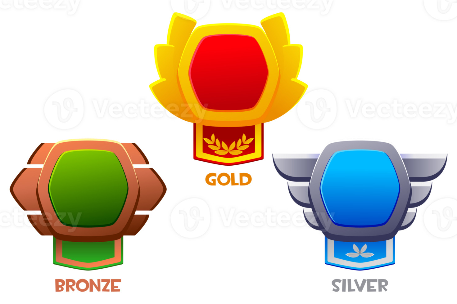 Game level bronze, silver, and gold badges. Empty award badges with royal banners and UI icons. Isolated bonus graphic elements, reward, trophy achievement, and prize. png