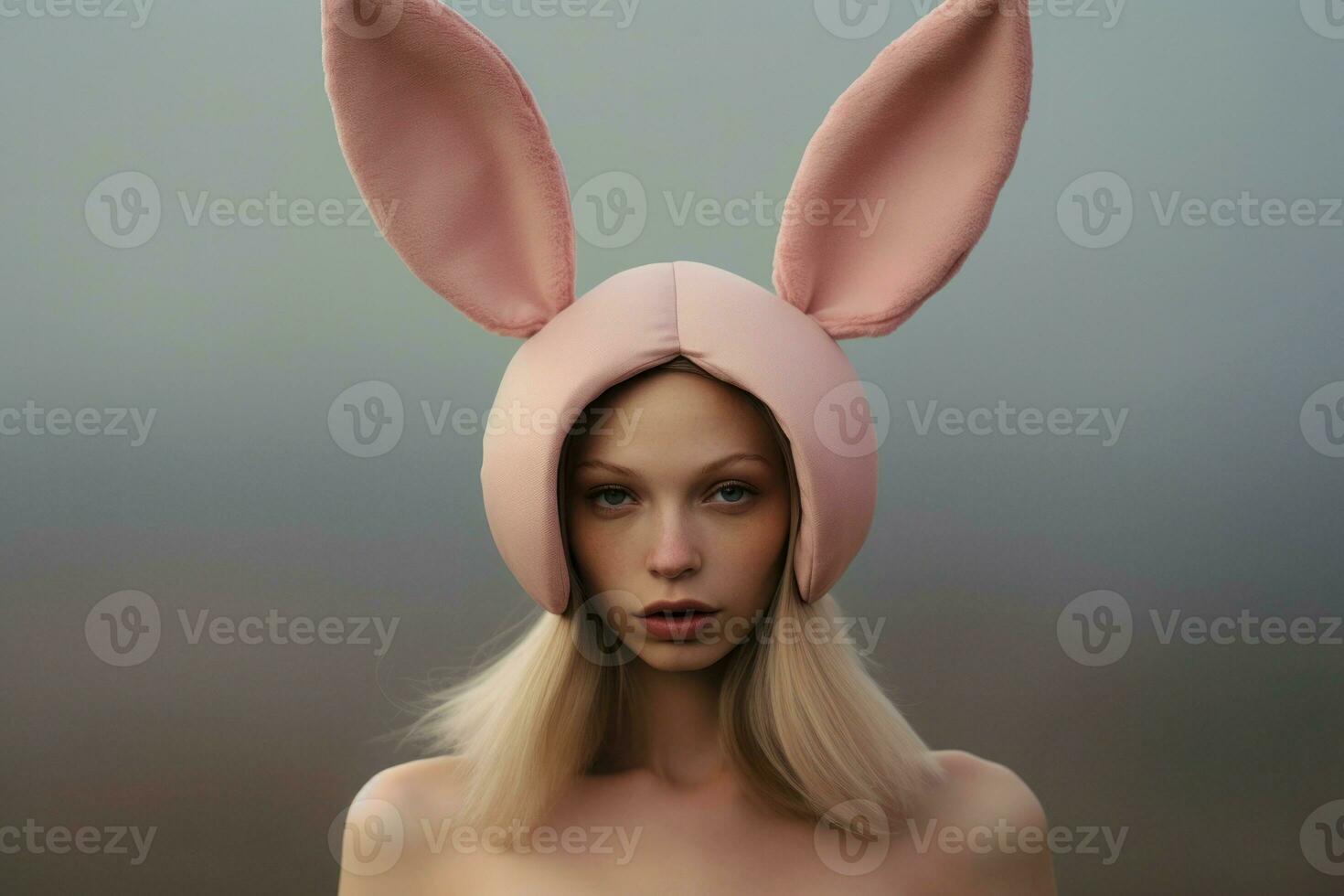 Girl with border bunny ears studio photo. Generate Ai photo