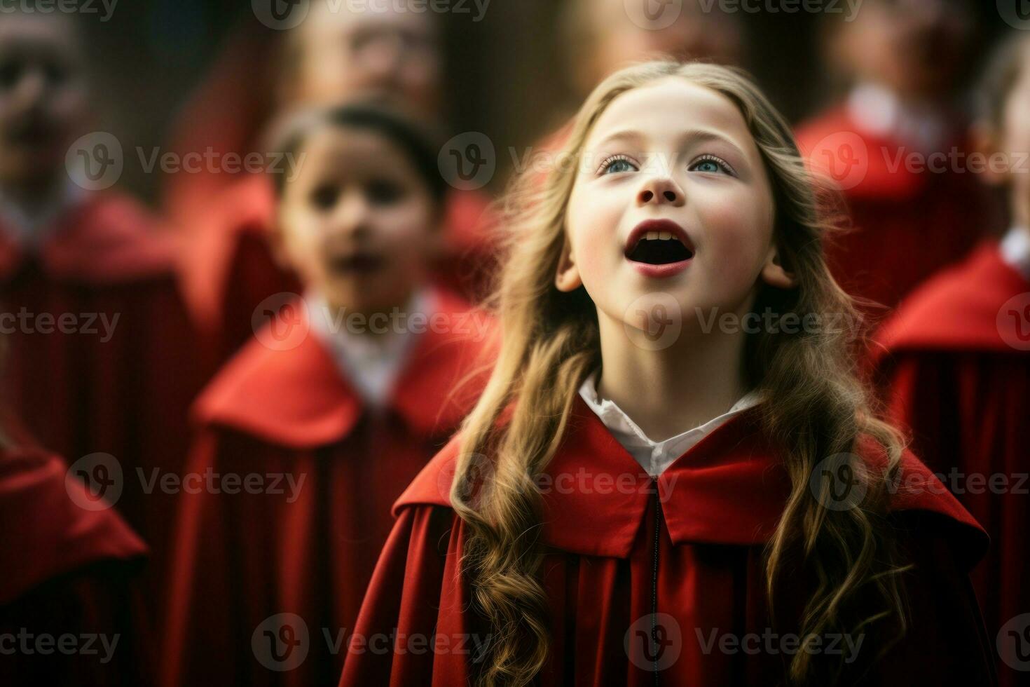 Singing choir child in red clothes. Generate Ai photo