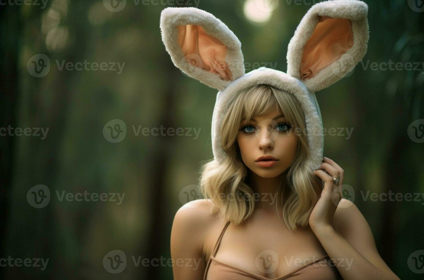 Girl with border bunny ears photo nature. Generate Ai