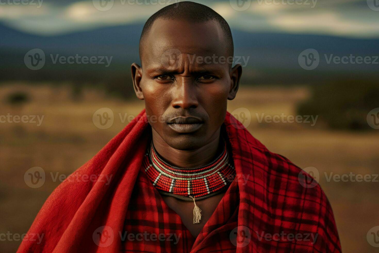 Maasai african man landscape portrait. Generate Ai photo